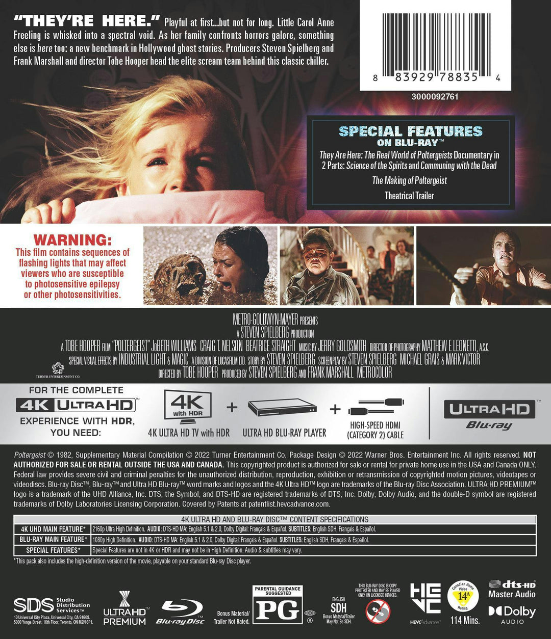 Poltergeist — Warner 4K Ultra HD and Blu-ray edition, rear cover; UPC 883929788354