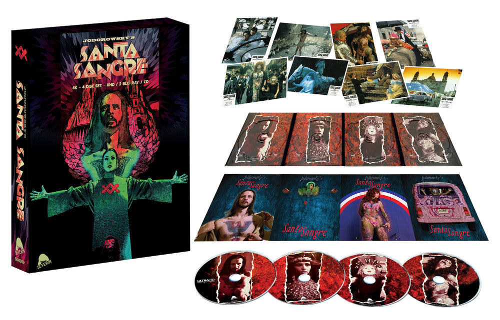 Santa Sangre (1989) Severin 4-disc 4K UHD Blu-ray and soundtrack CD edition packaging layout