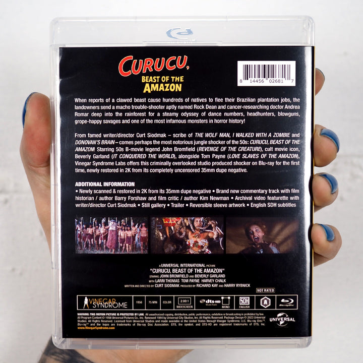 Curucu, Beast of the Amazon - Vinegar Syndrome Labs standard Blu-ray rear cover, UPC 814456026817