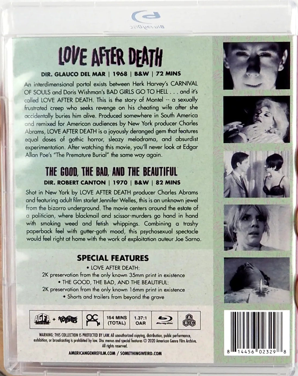 Back cover of the Blu-ray case for the film 'Love After Death', held by two hands. The back features the Blu-ray Disc logo, extensive synopsis text, cast photos of Charles Manson and Jeffrey Dahmer, and a barcode.